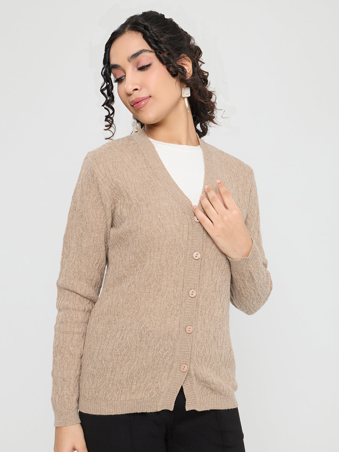 Women Beige Self Design V Neck Full Sleeve Cardigan