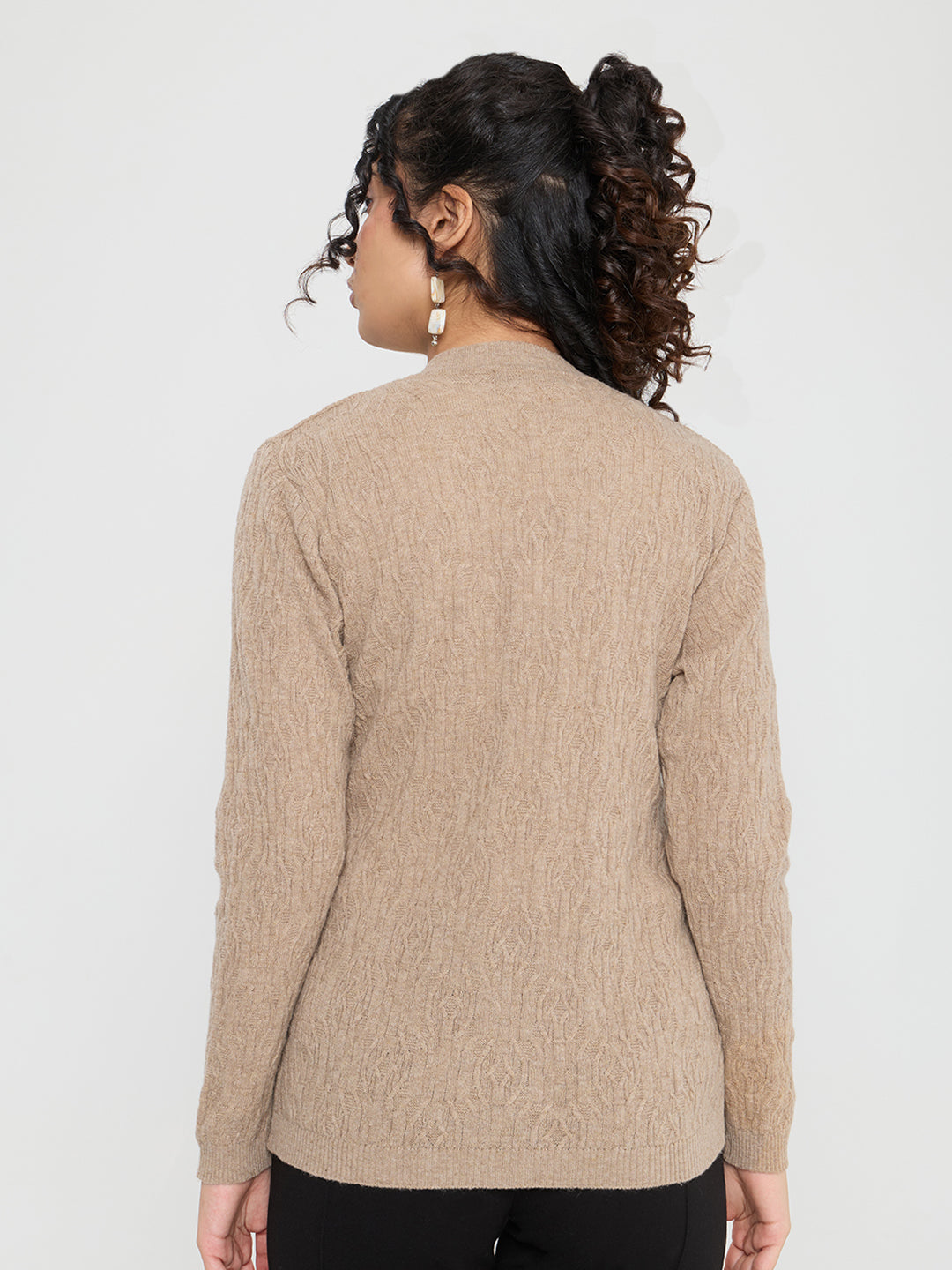 Women Beige Self Design V Neck Full Sleeve Cardigan