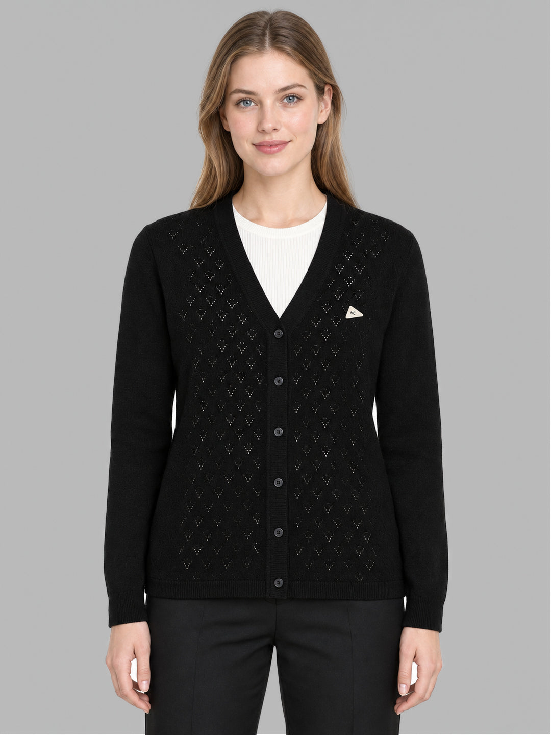Women Black Self Design V Neck Full Sleeve Cardigan