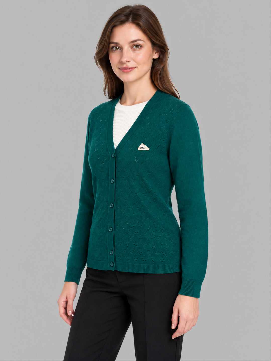 Women Teal Blue Self Design V Neck Full Sleeve Cardigan