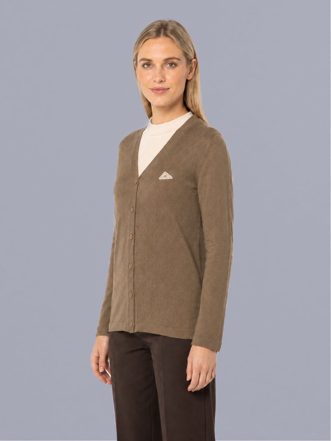 Women Camel Brown Self Design V Neck Full Sleeve Cardigan