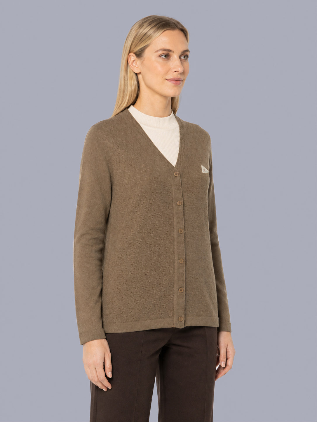 Women Camel Brown Self Design V Neck Full Sleeve Cardigan