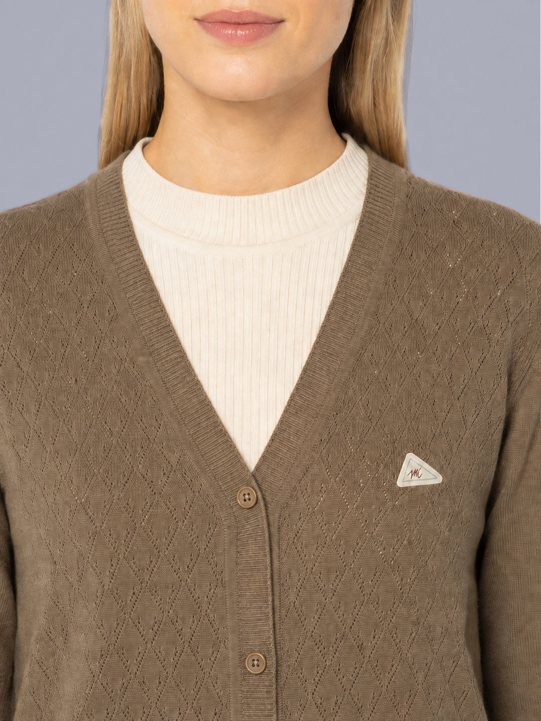 Women Camel Brown Self Design V Neck Full Sleeve Cardigan