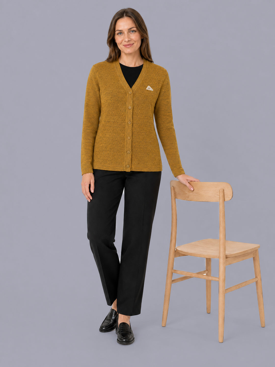 Women Mustard Self Design V Neck Full Sleeve Cardigan