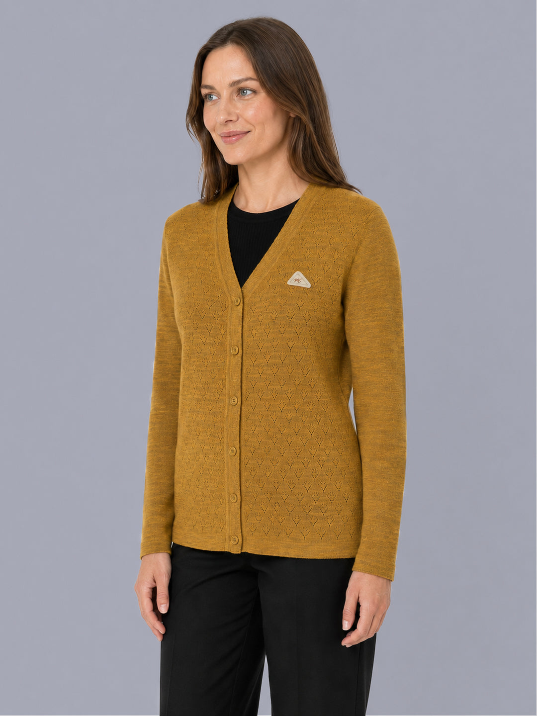 Women Mustard Self Design V Neck Full Sleeve Cardigan