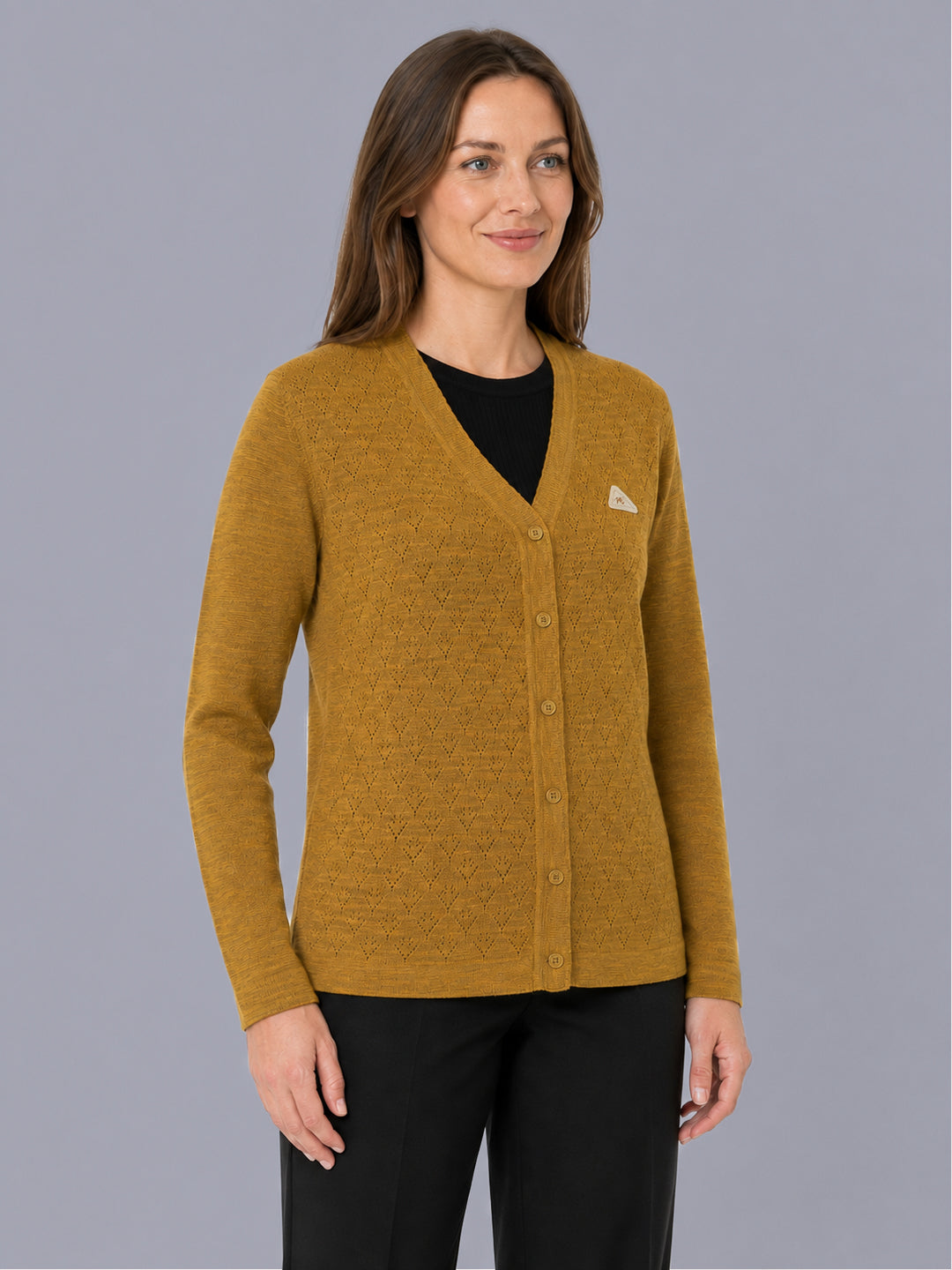 Women Mustard Self Design V Neck Full Sleeve Cardigan