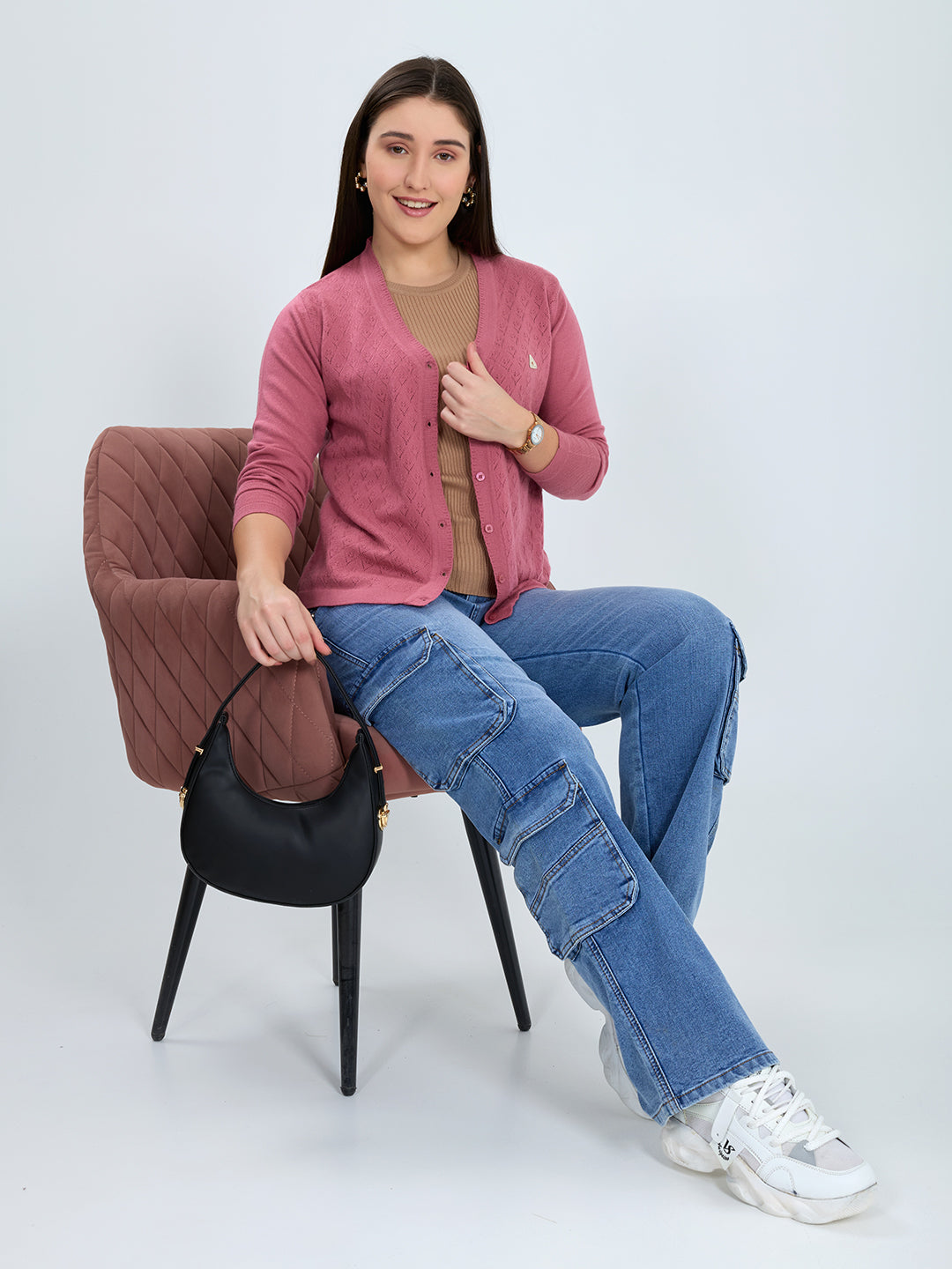 Women Pink Self Design V Neck Full Sleeve Cardigan