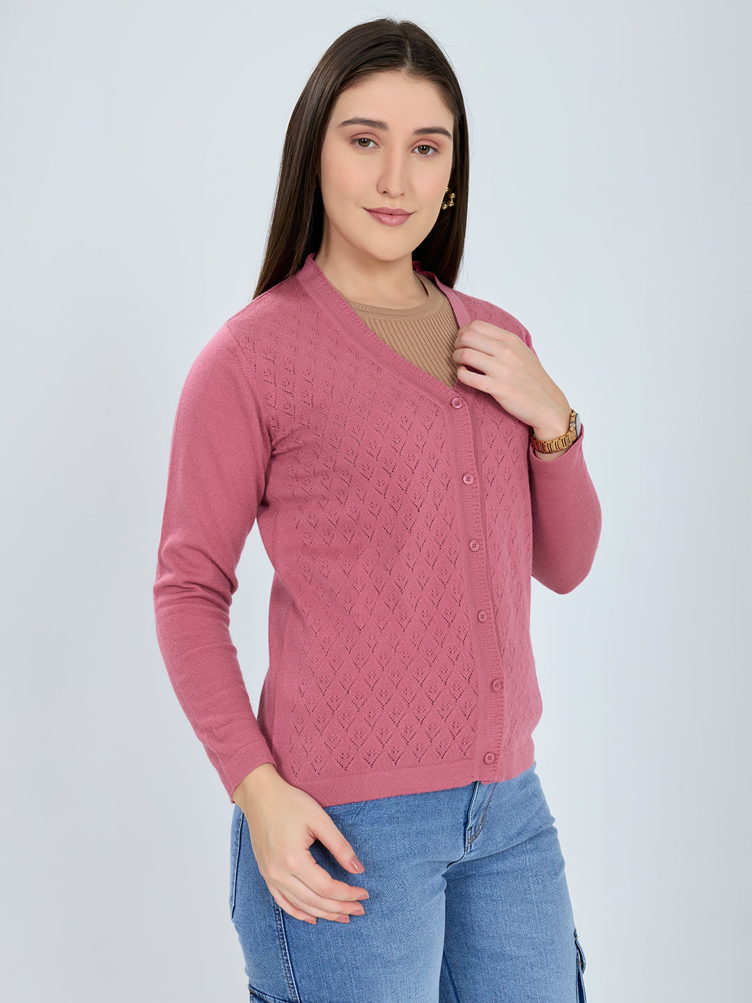 Women Pink Self Design V Neck Full Sleeve Cardigan