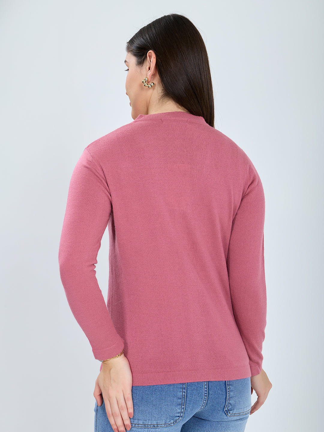 Women Pink Self Design V Neck Full Sleeve Cardigan