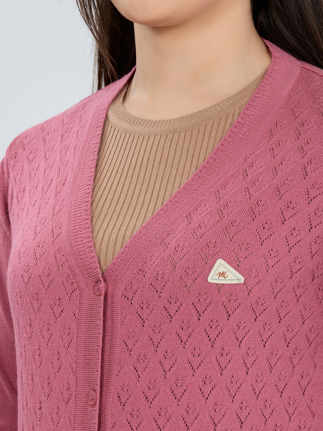 Women Pink Self Design V Neck Full Sleeve Cardigan