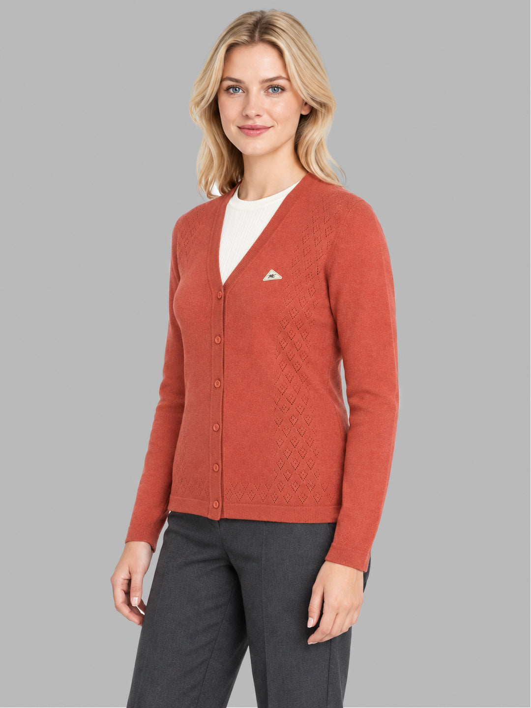 Women Orange Self Design V Neck Full Sleeve Cardigan