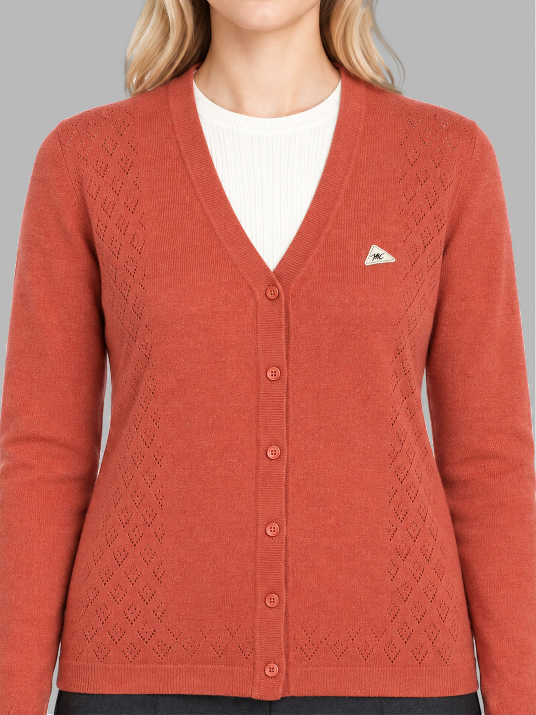 Women Orange Self Design V Neck Full Sleeve Cardigan