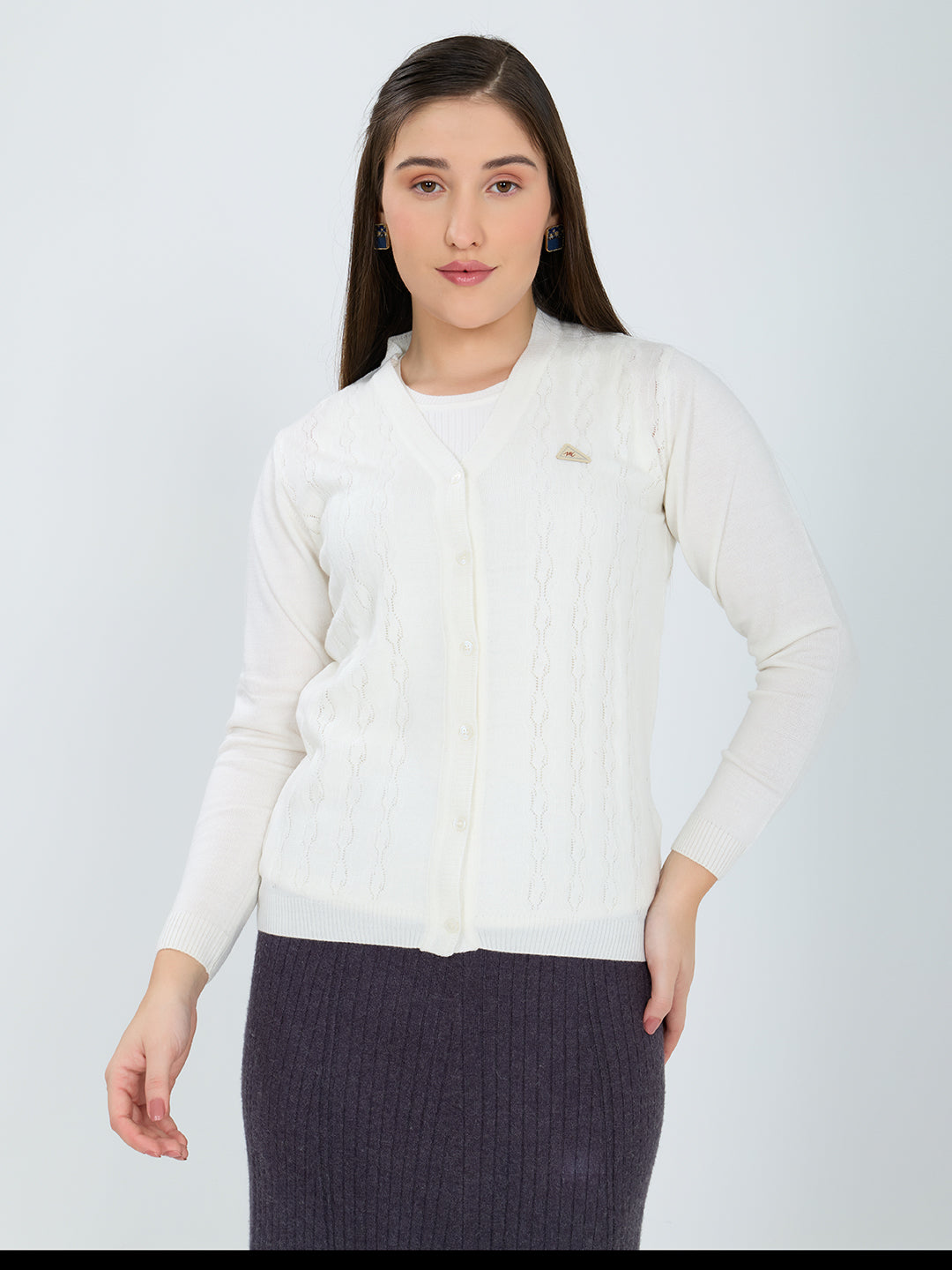 Women Off White Self Design V Neck Full Sleeve Cardigan