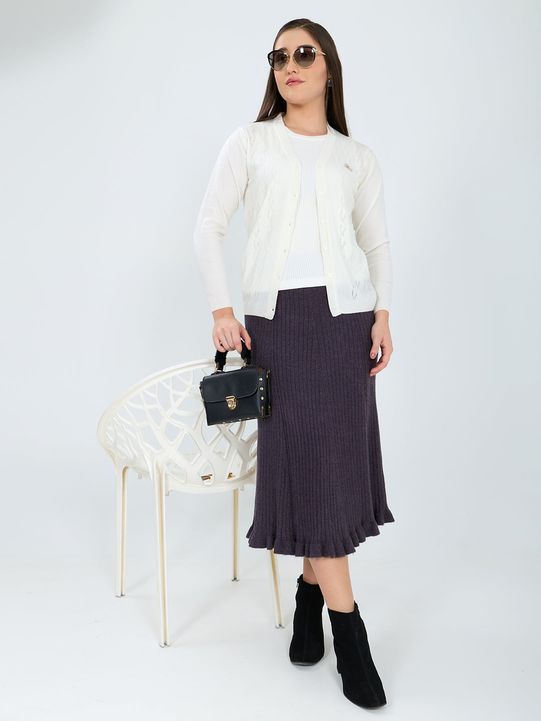 Women Off White Self Design V Neck Full Sleeve Cardigan