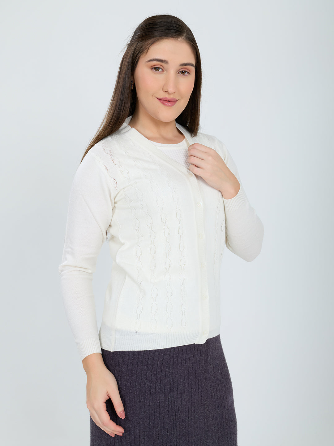 Women Off White Self Design V Neck Full Sleeve Cardigan