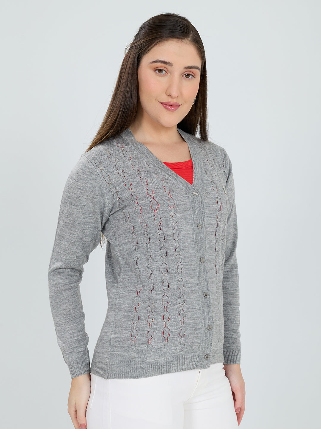 Women Grey Self Design V Neck Full Sleeve Cardigan