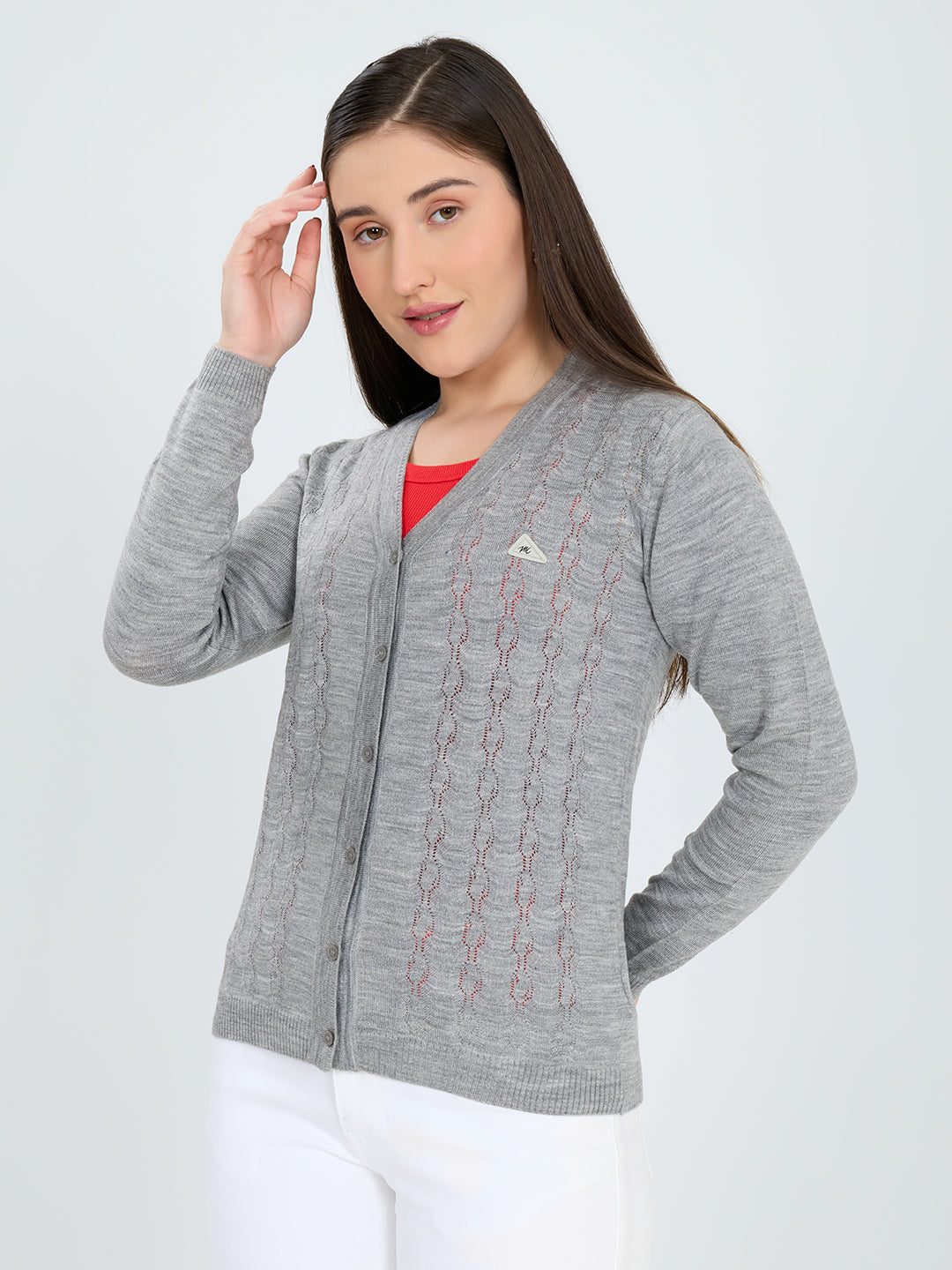 Women Grey Self Design V Neck Full Sleeve Cardigan