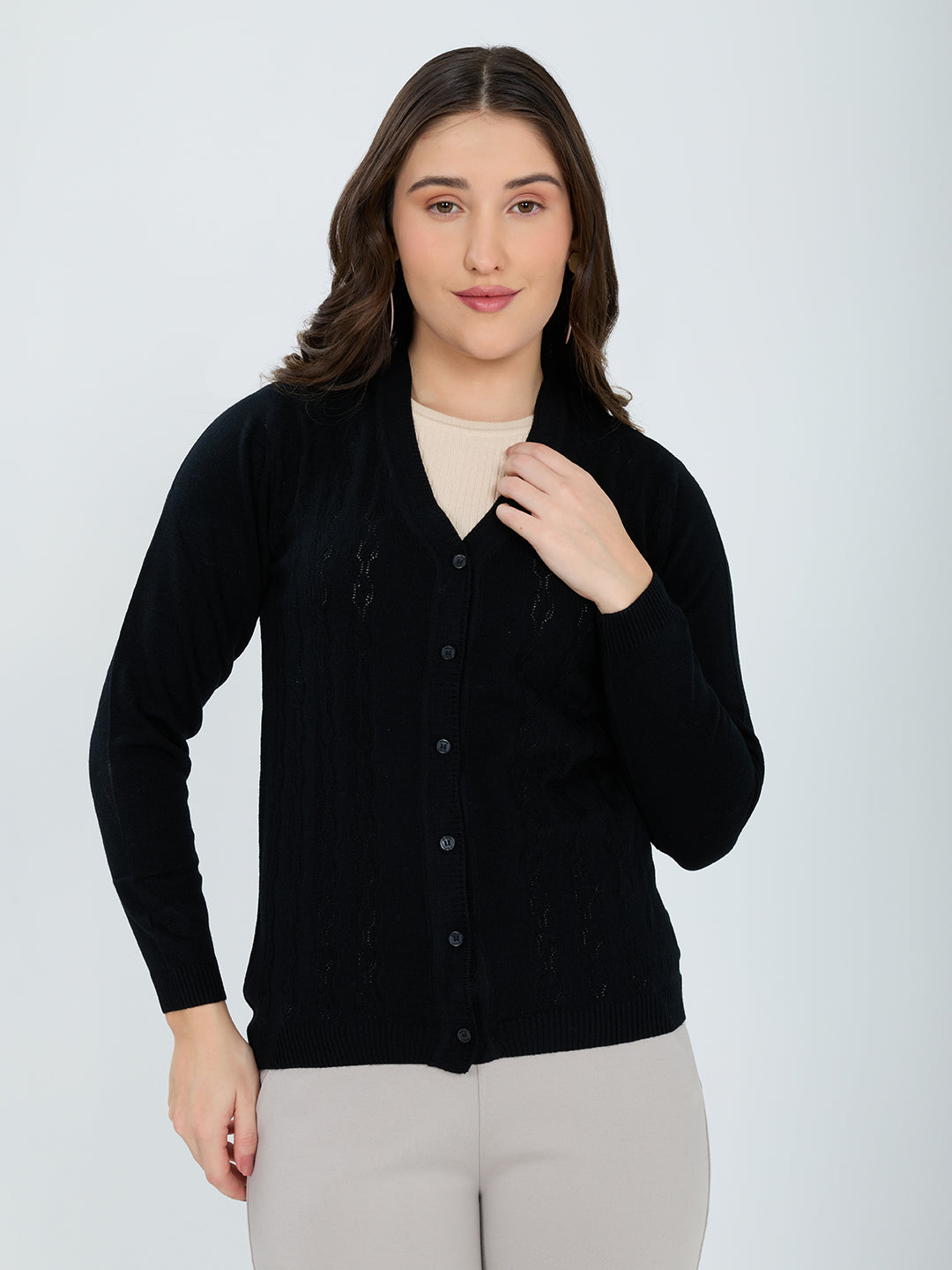 Women Black Self Design V Neck Full Sleeve Cardigan