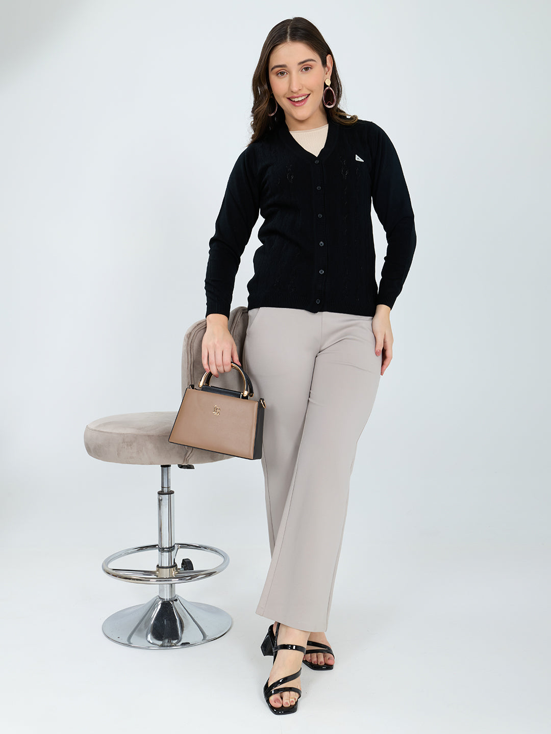 Women Black Self Design V Neck Full Sleeve Cardigan