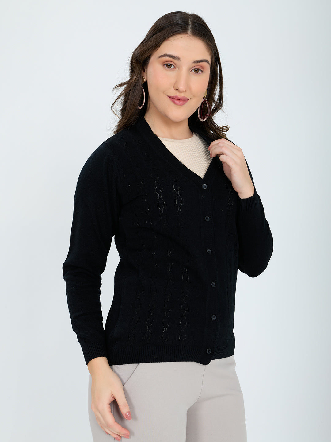 Women Black Self Design V Neck Full Sleeve Cardigan