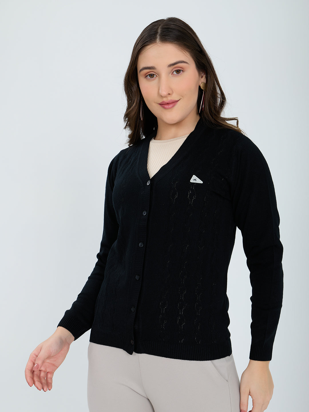 Women Black Self Design V Neck Full Sleeve Cardigan