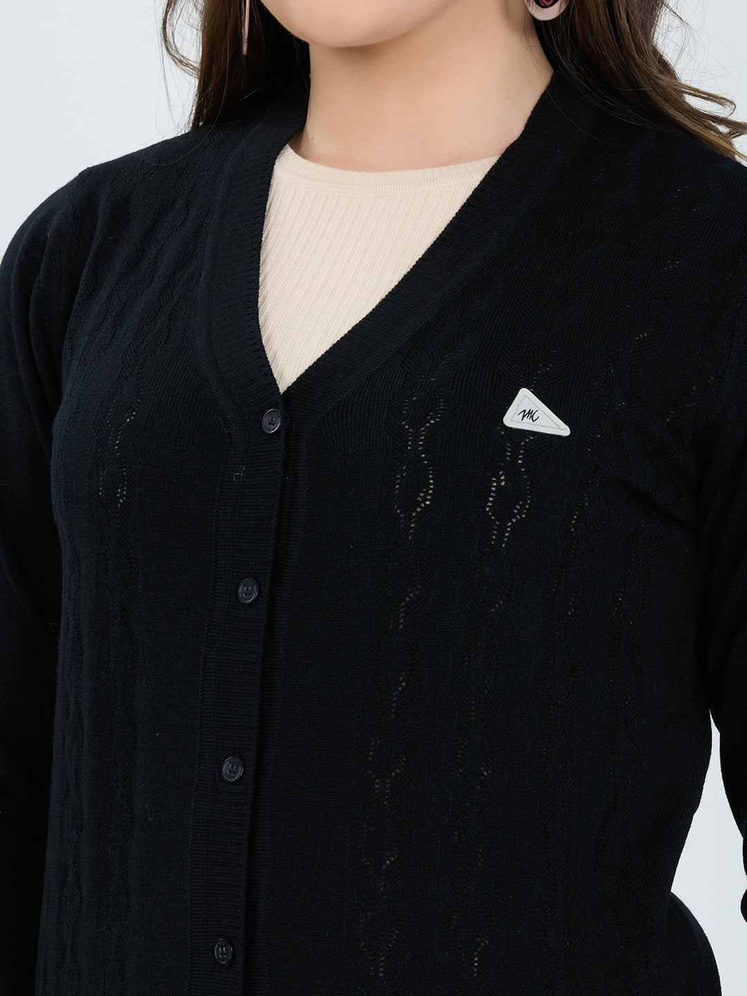 Women Black Self Design V Neck Full Sleeve Cardigan
