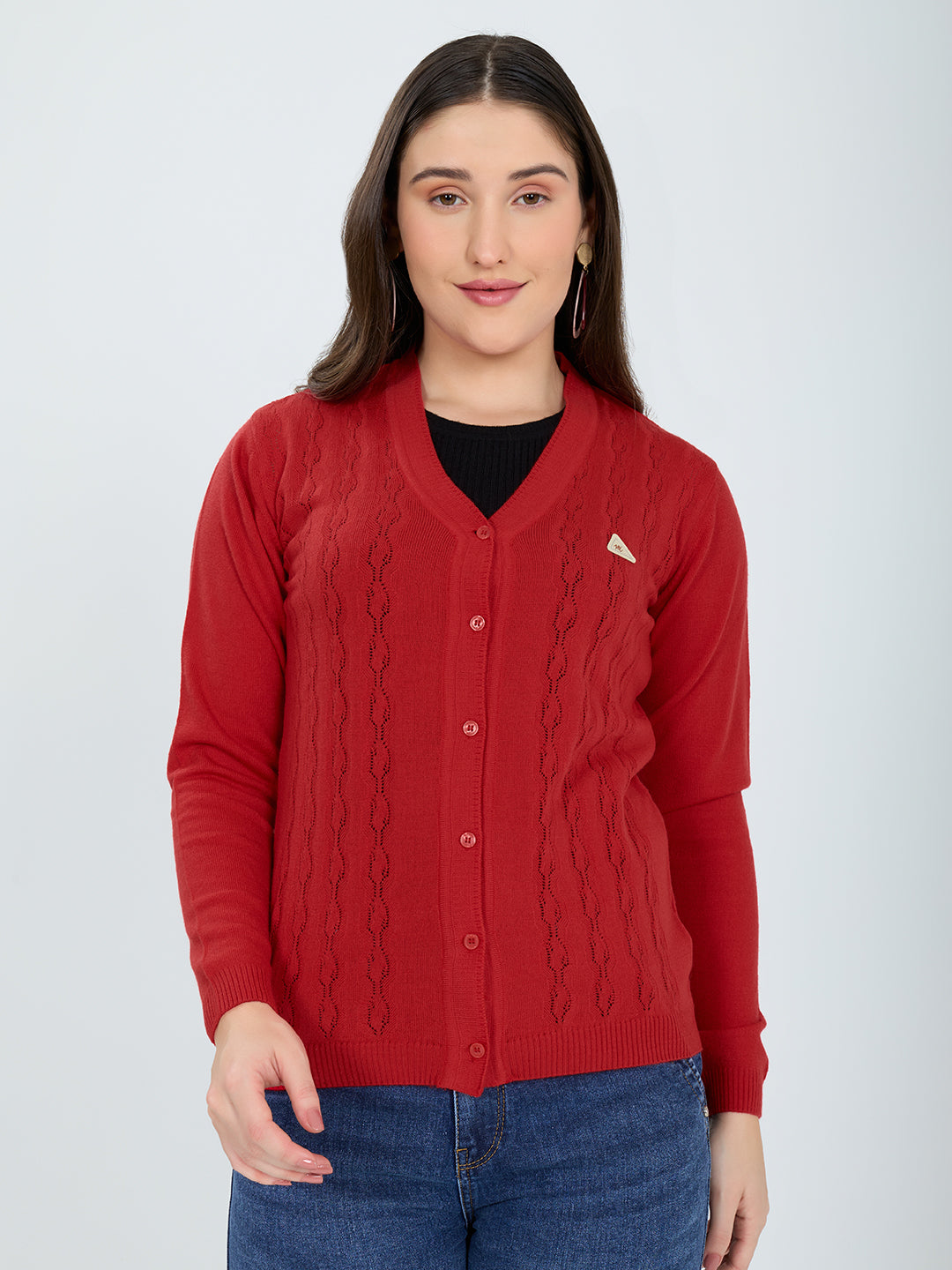 Women Red Self Design V Neck Full Sleeve Cardigan