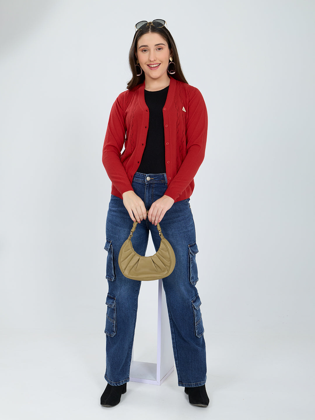 Women Red Self Design V Neck Full Sleeve Cardigan