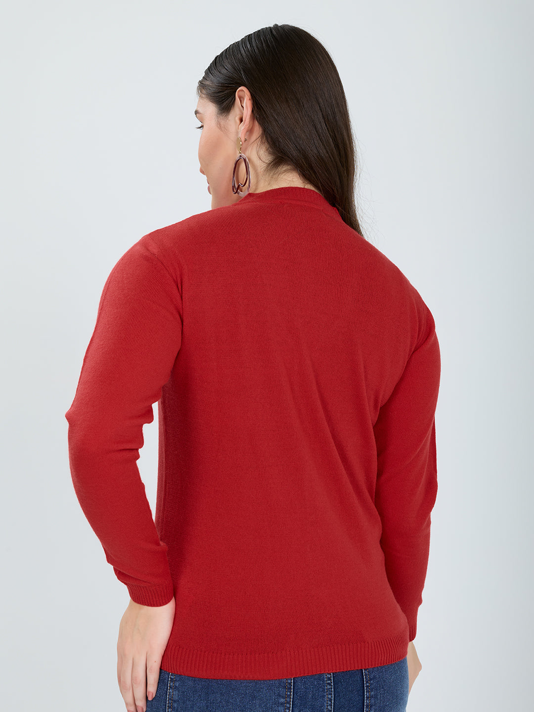 Women Red Self Design V Neck Full Sleeve Cardigan