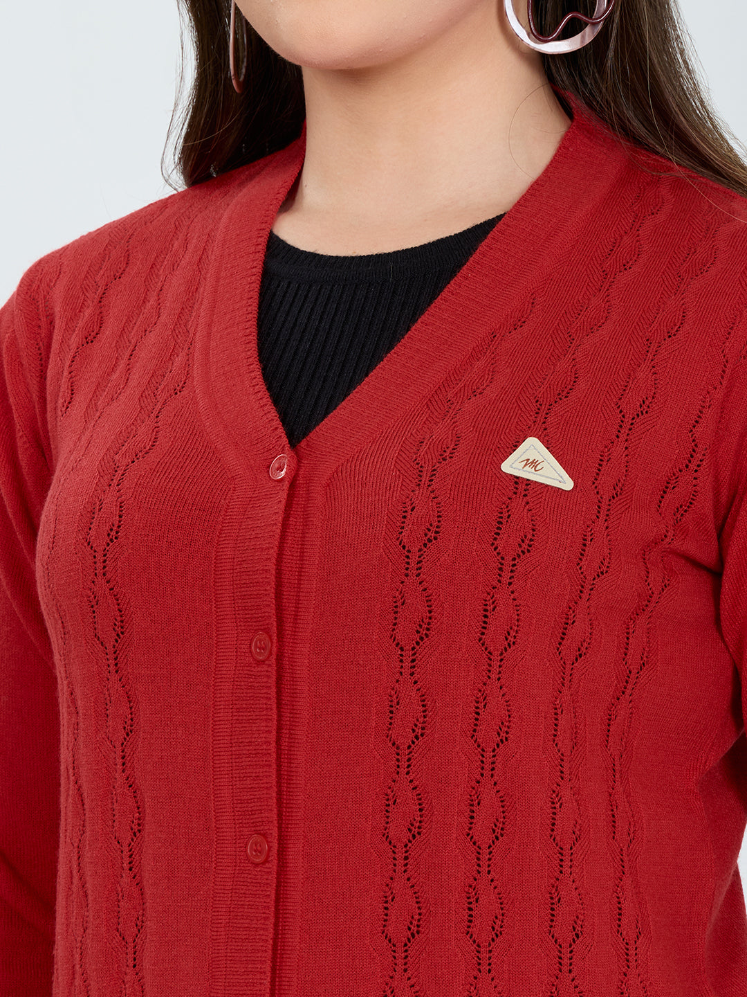 Women Red Self Design V Neck Full Sleeve Cardigan