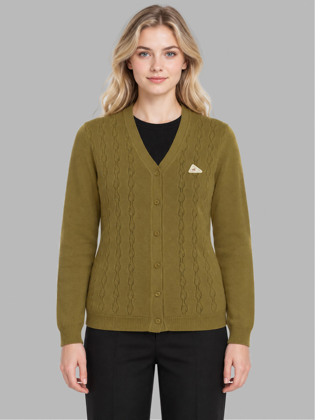 Women Mustard Self Design V Neck Full Sleeve Cardigan