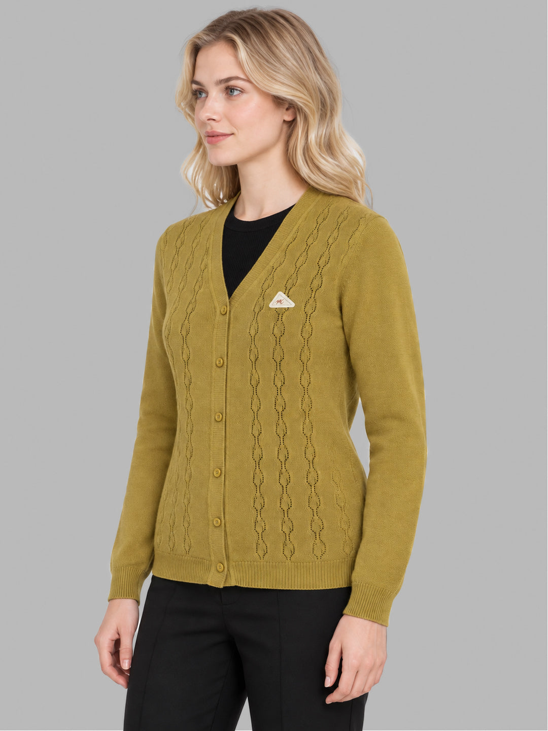 Women Mustard Self Design V Neck Full Sleeve Cardigan