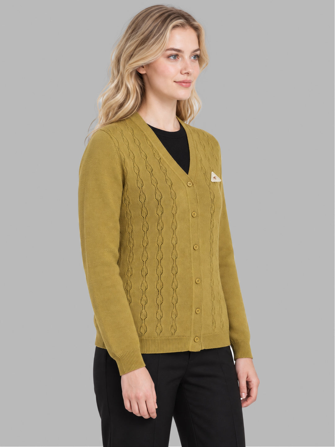 Women Mustard Self Design V Neck Full Sleeve Cardigan
