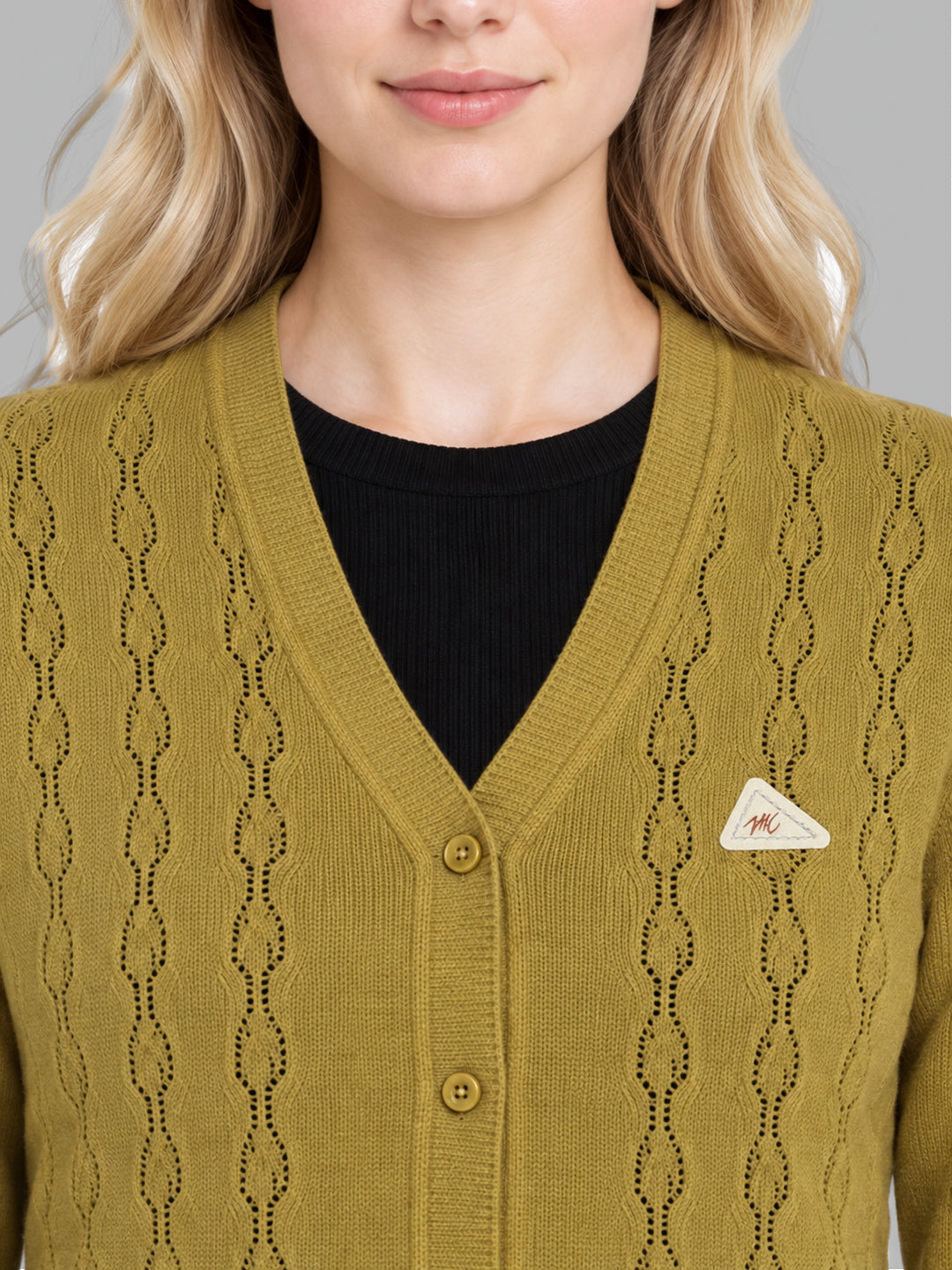 Women Mustard Self Design V Neck Full Sleeve Cardigan