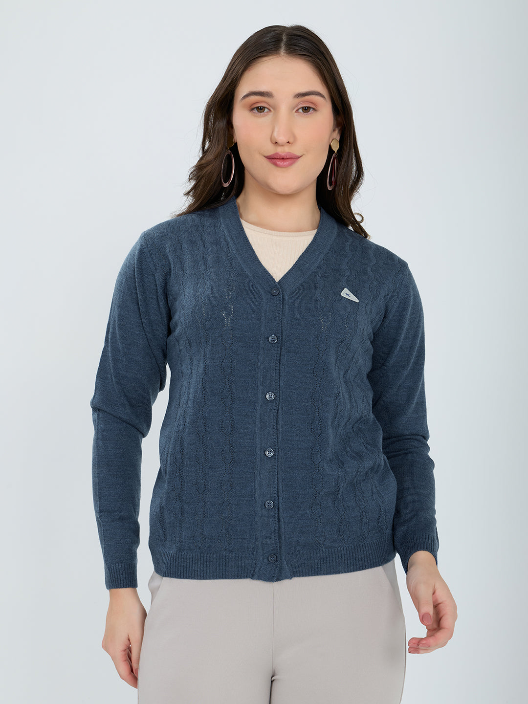 Women Blue Self Design V Neck Full Sleeve Cardigan