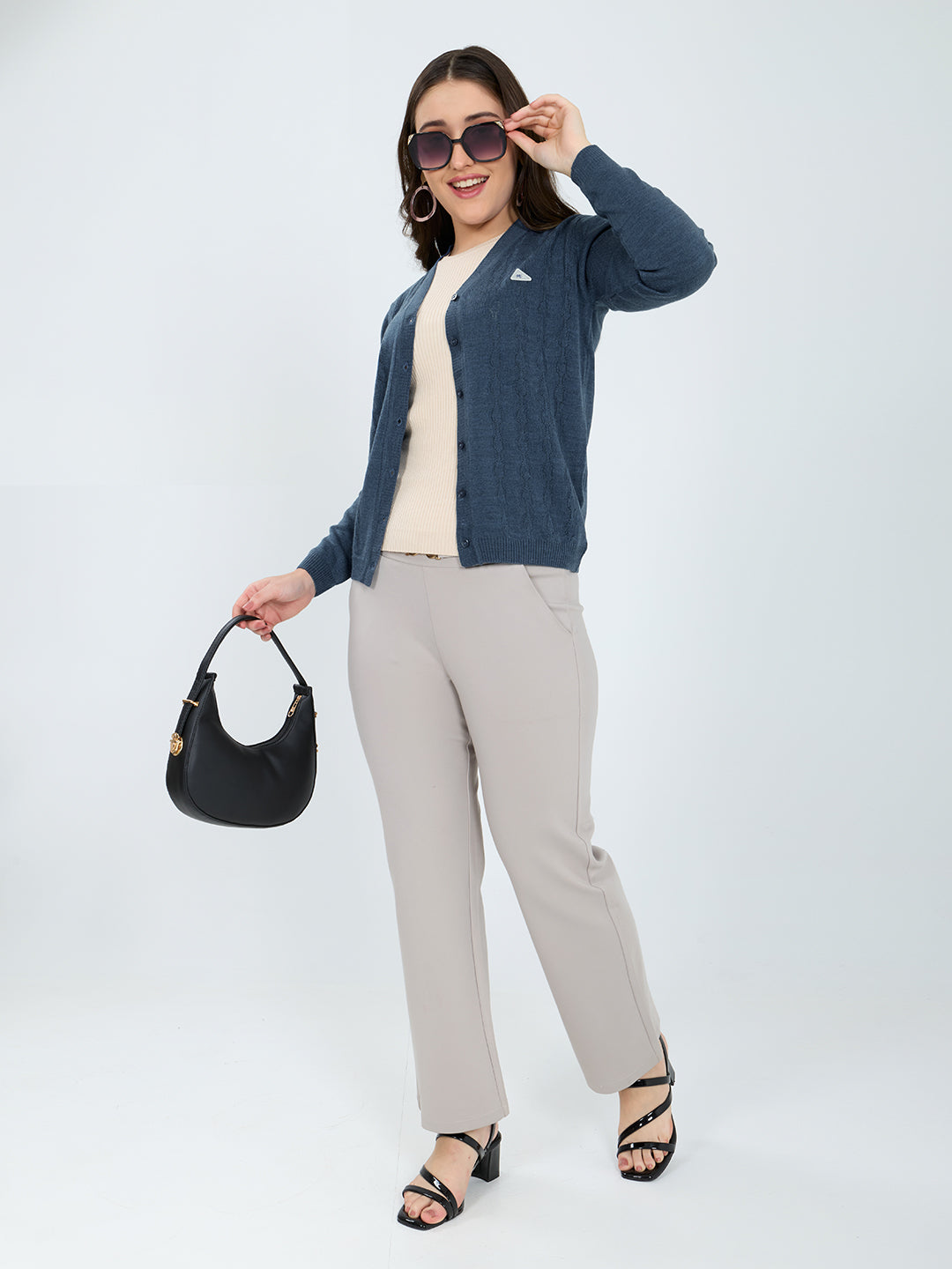 Women Blue Self Design V Neck Full Sleeve Cardigan