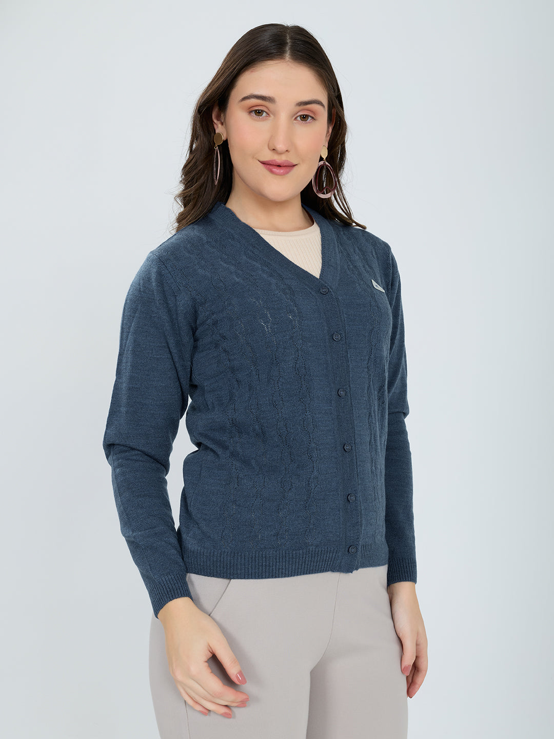 Women Blue Self Design V Neck Full Sleeve Cardigan