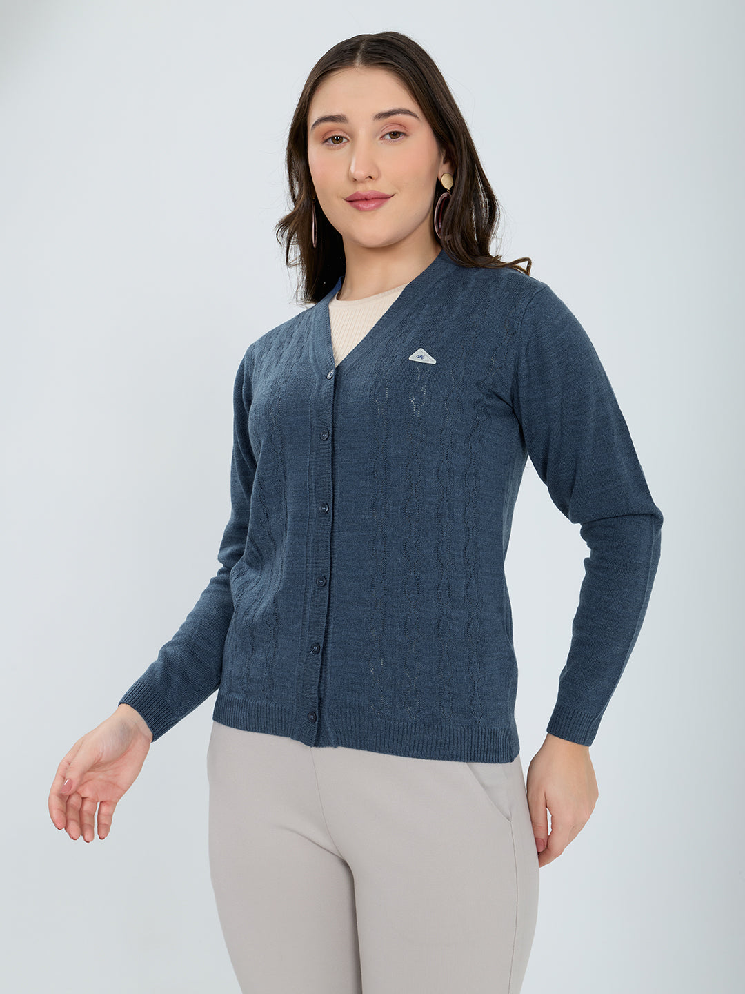 Women Blue Self Design V Neck Full Sleeve Cardigan