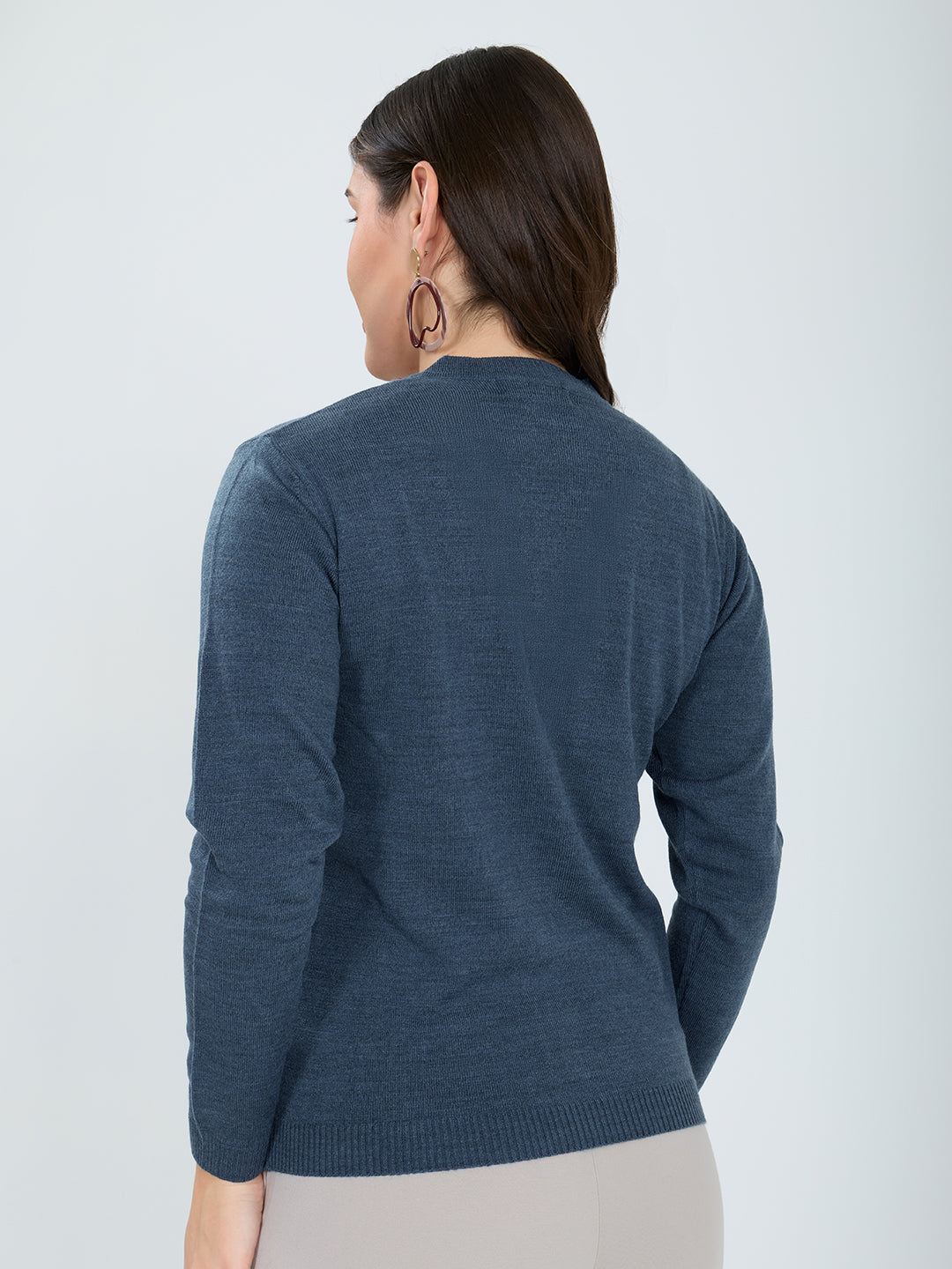 Women Blue Self Design V Neck Full Sleeve Cardigan