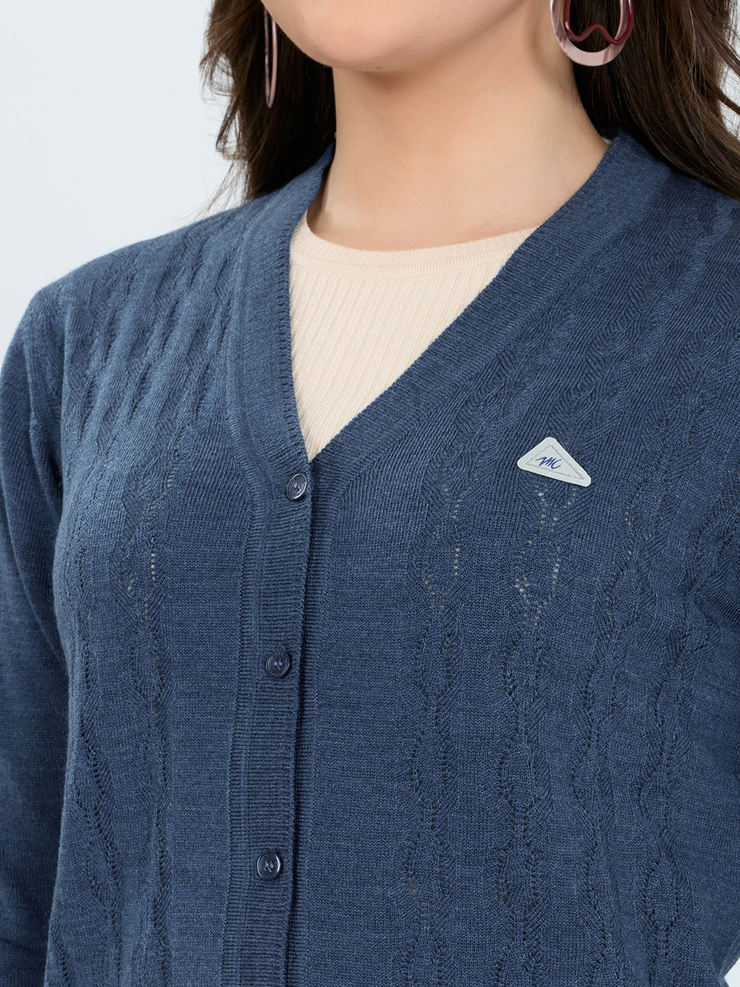 Women Blue Self Design V Neck Full Sleeve Cardigan