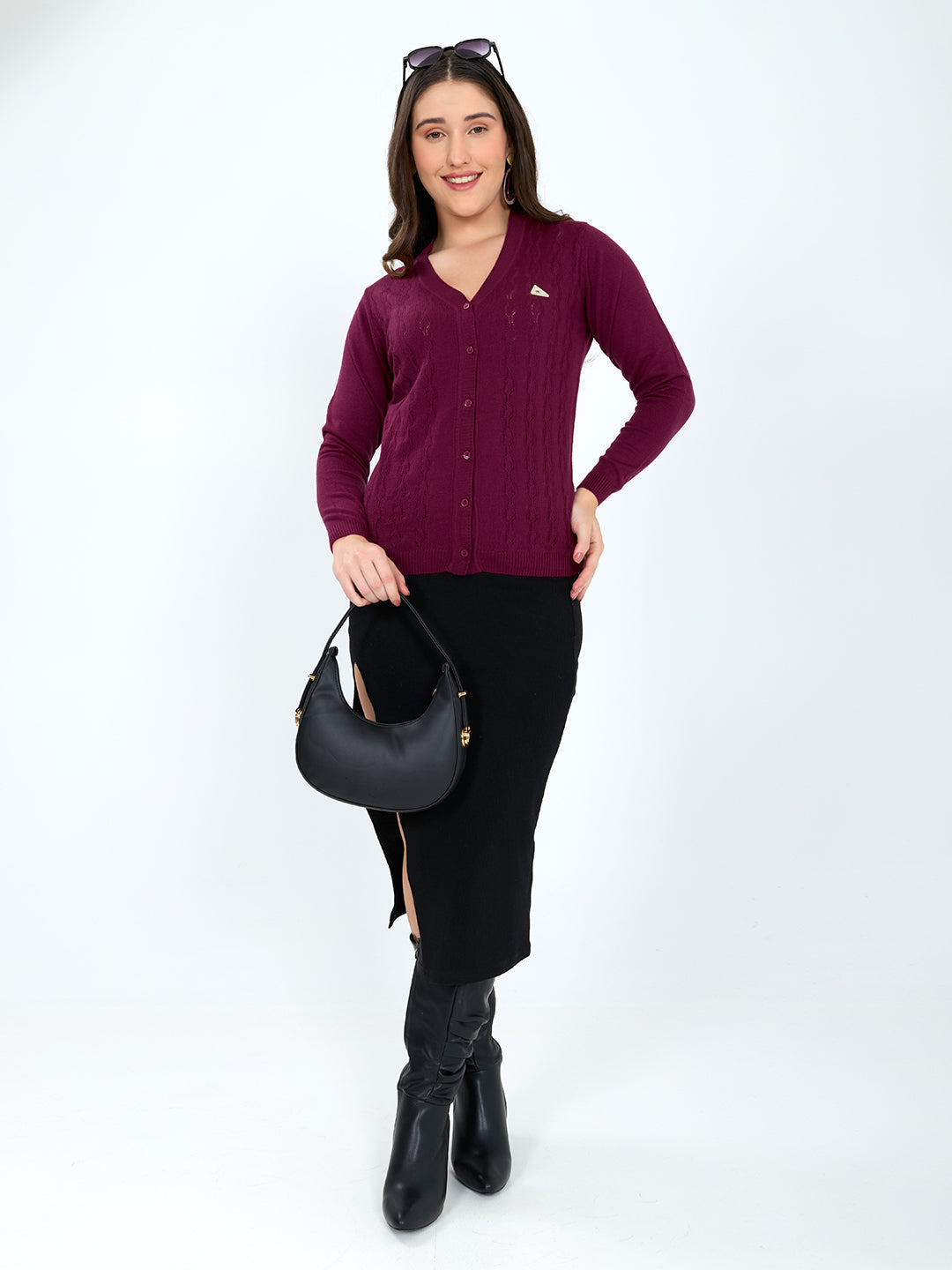 Women Magenta Self Design V Neck Full Sleeve Cardigan