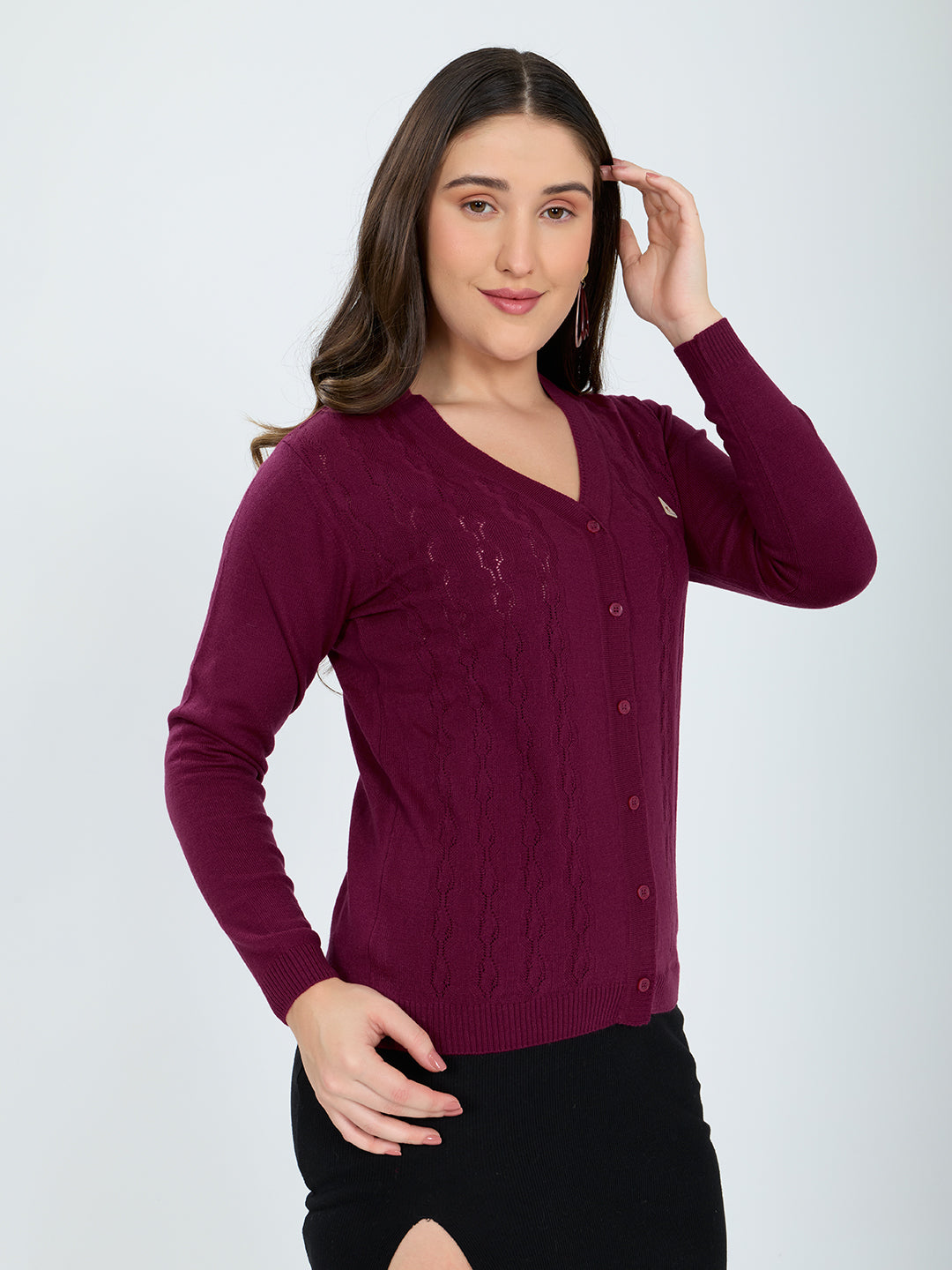 Women Magenta Self Design V Neck Full Sleeve Cardigan