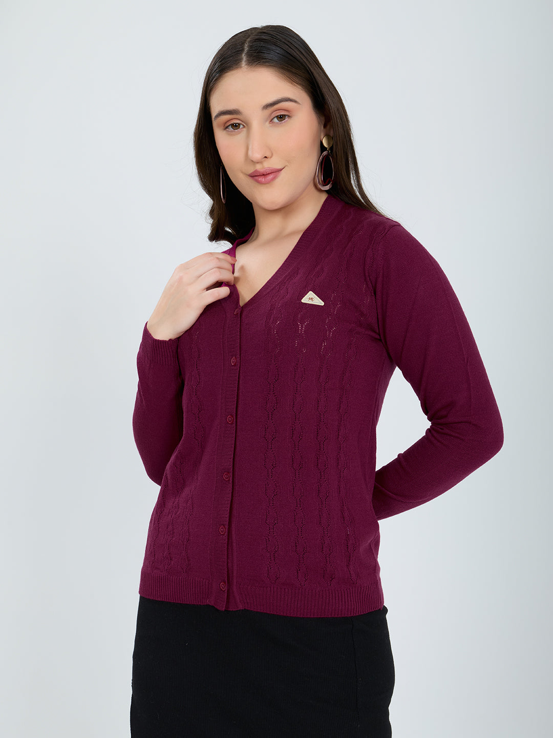 Women Magenta Self Design V Neck Full Sleeve Cardigan