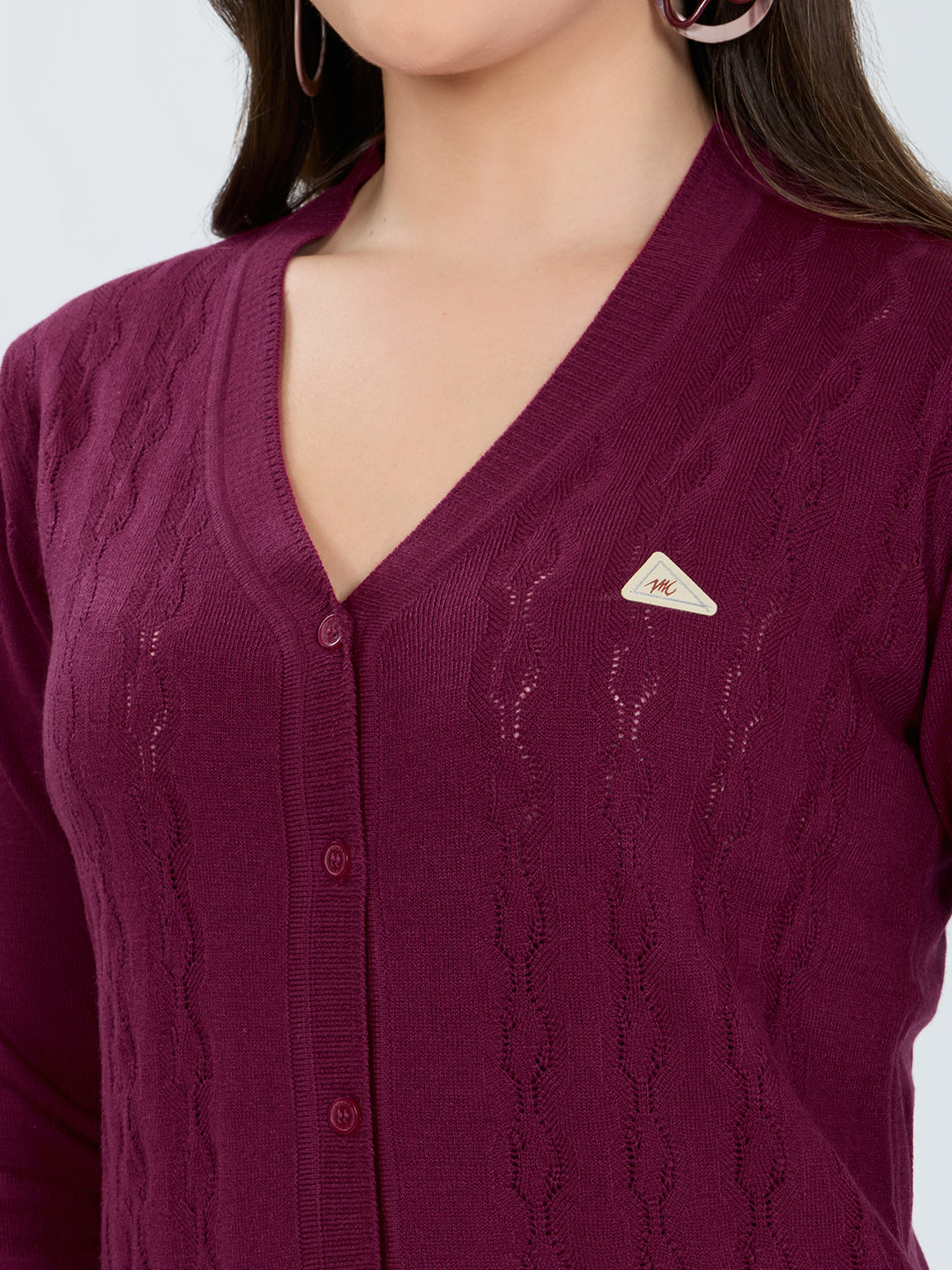 Women Magenta Self Design V Neck Full Sleeve Cardigan