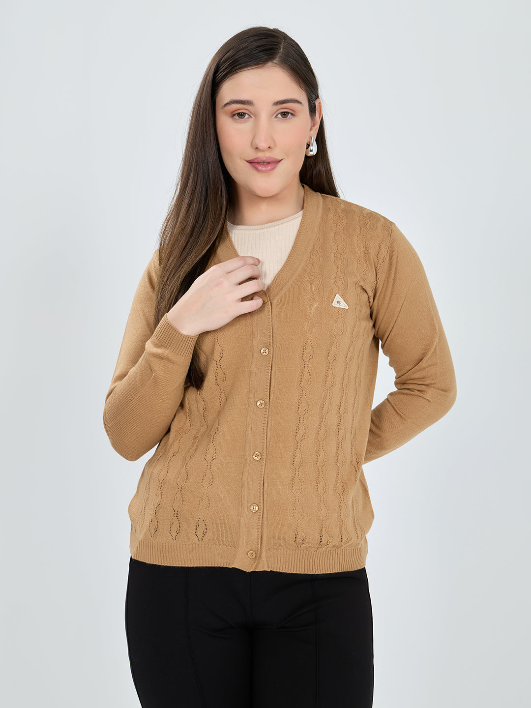 Women Camel Brown Self Design V Neck Full Sleeve Cardigan