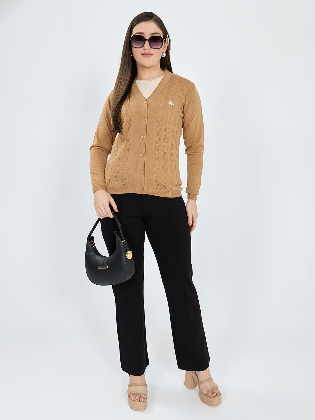 Women Camel Brown Self Design V Neck Full Sleeve Cardigan