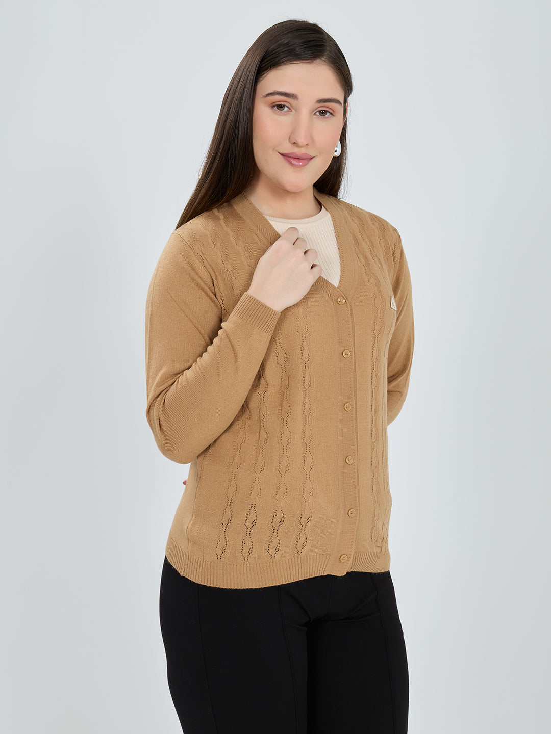Women Camel Brown Self Design V Neck Full Sleeve Cardigan