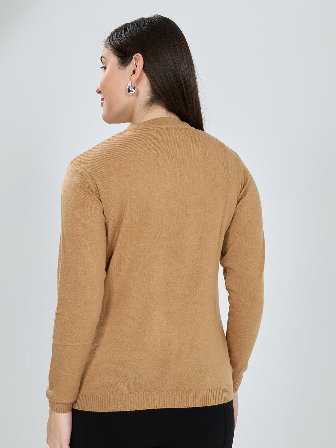 Women Camel Brown Self Design V Neck Full Sleeve Cardigan