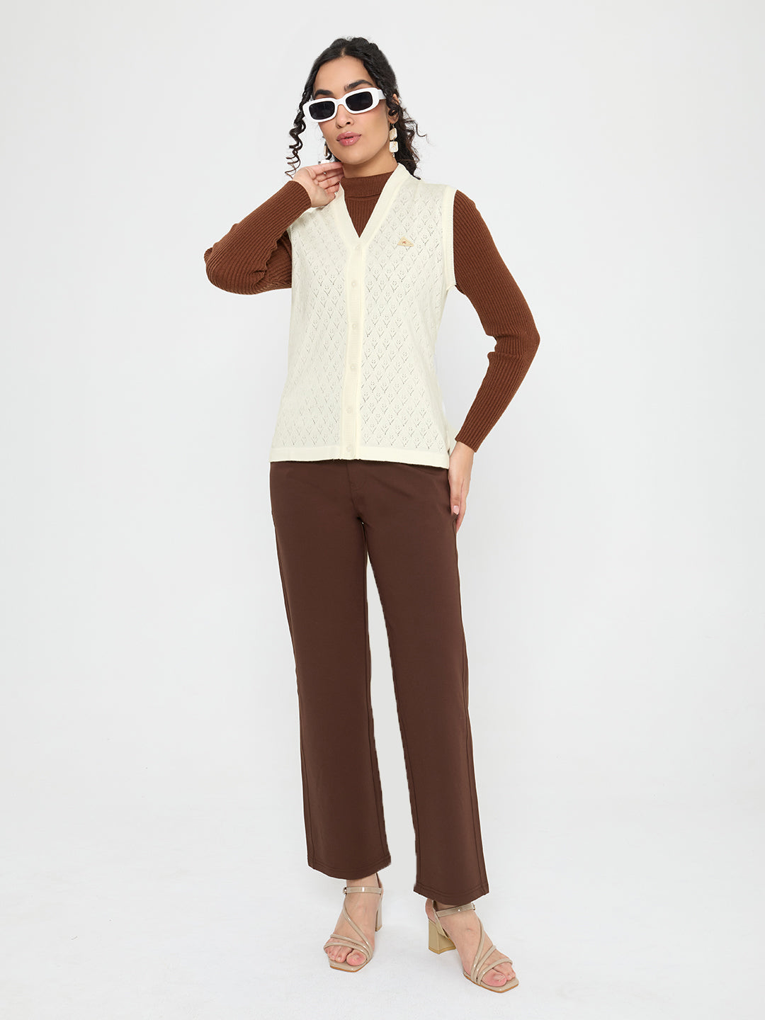 Women Off White Self Design V Neck Sleeveless Cardigan
