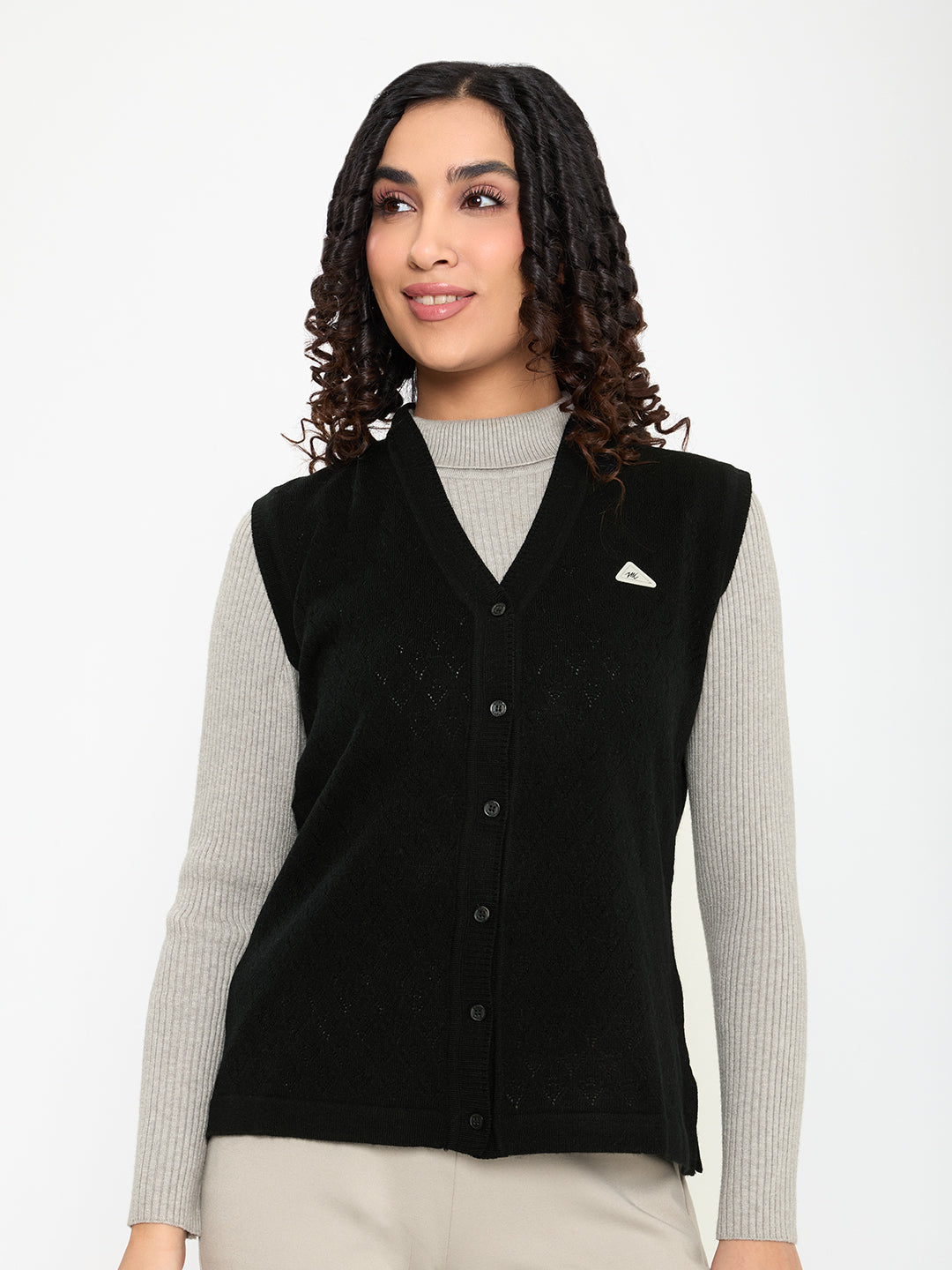 Women Black Self Design V Neck Sleeveless Cardigan